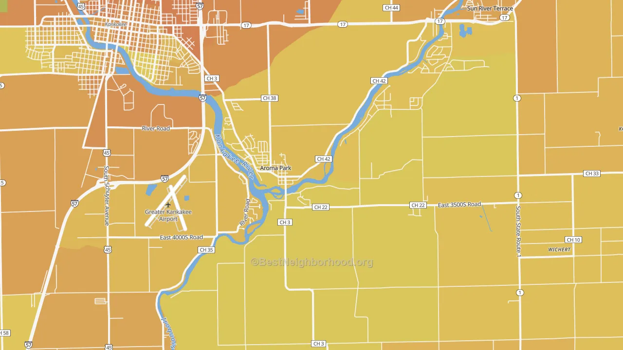 Map of the best neighborhoods in the Aroma Park area, with better matches in green and worse matches in red