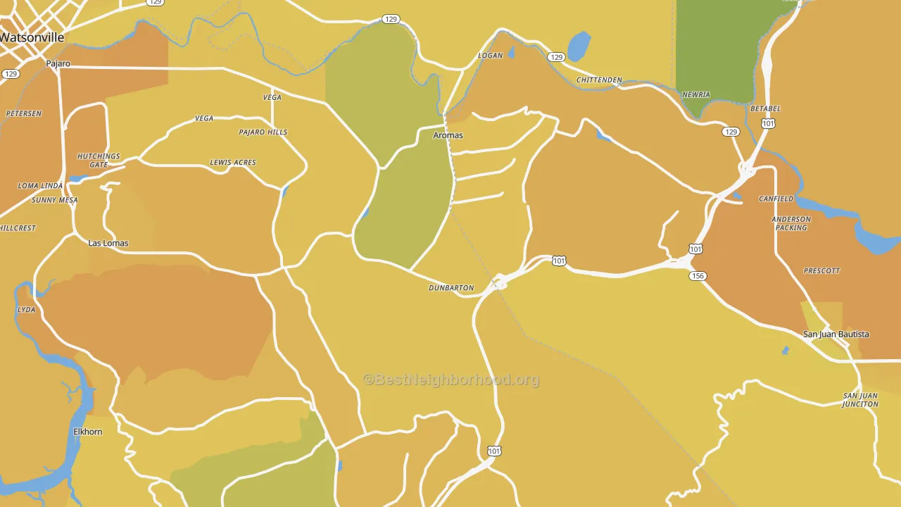Map of the best neighborhoods in the Aromas area, with better matches in green and worse matches in red