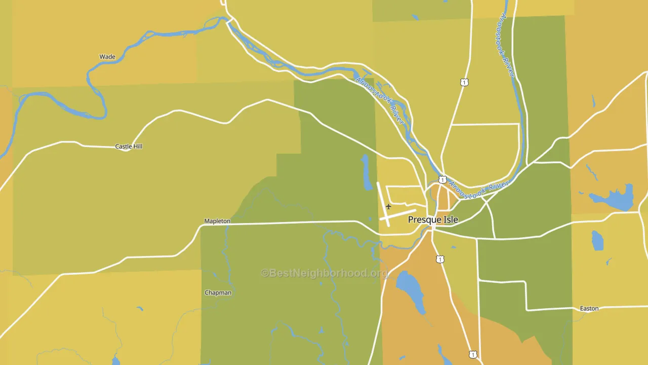 Map of the best neighborhoods in the Aroostook County area, with better matches in green and worse matches in red