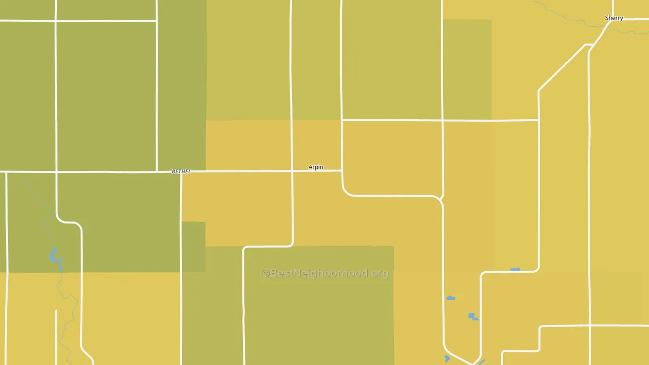 Map of the best neighborhoods in the Arpin area, with better matches in green and worse matches in red
