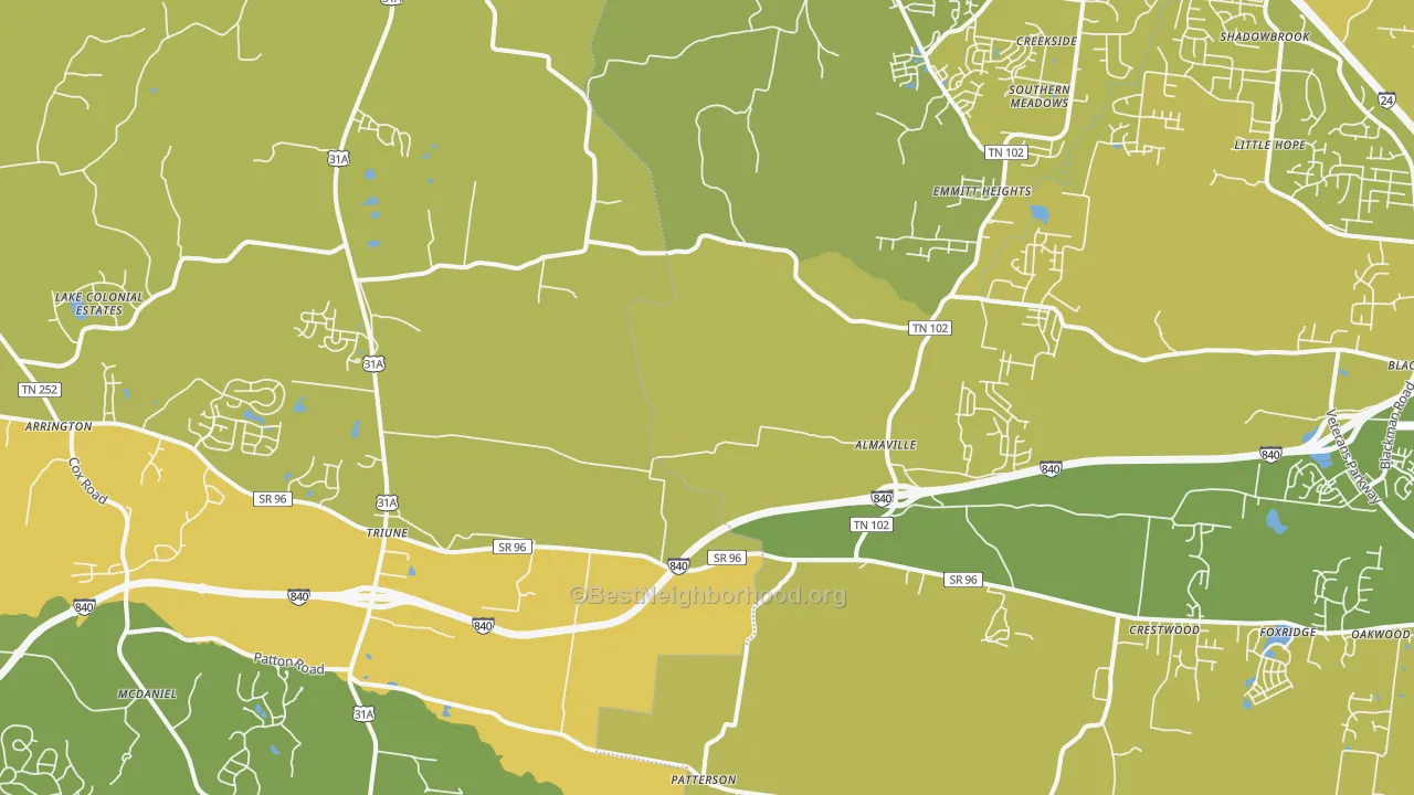 Map of the best neighborhoods in the Arrington area, with better matches in green and worse matches in red