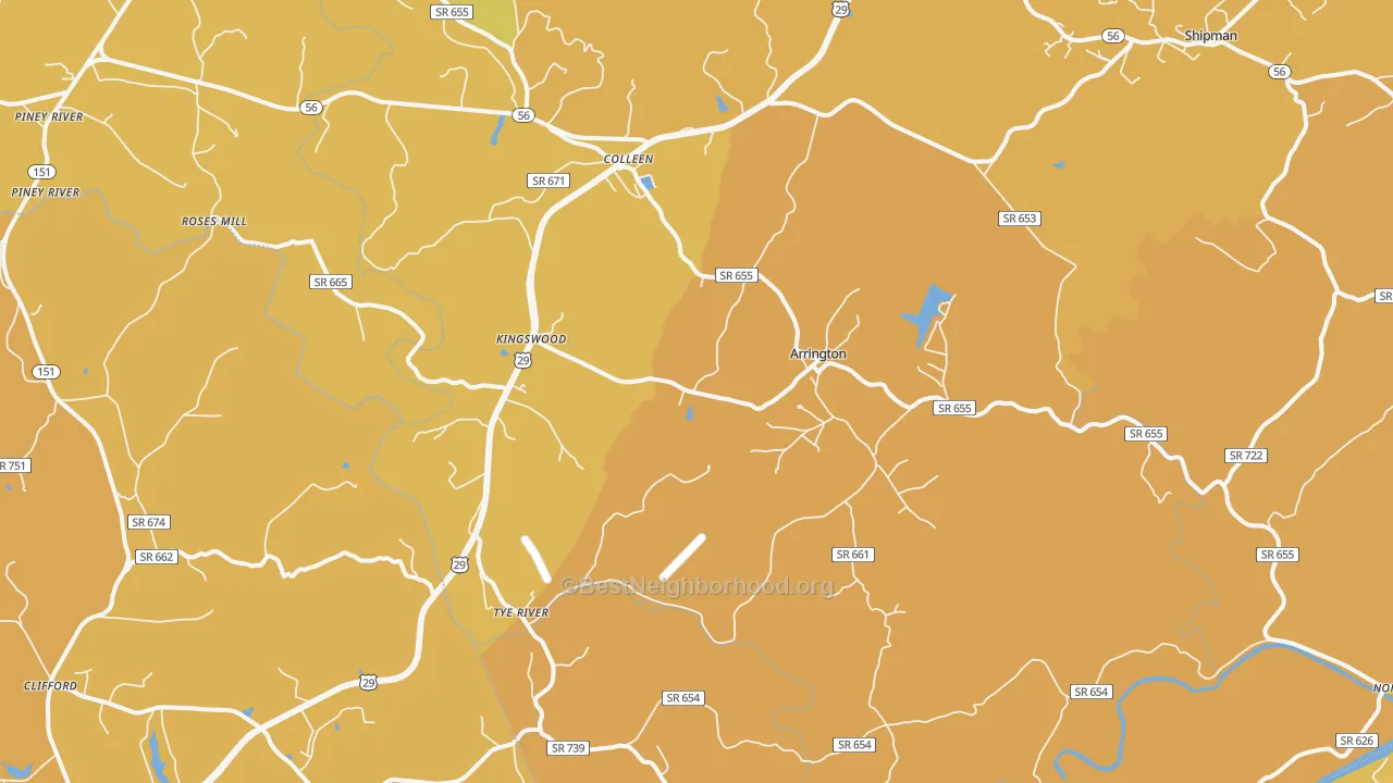 Map of the best neighborhoods in the Arrington area, with better matches in green and worse matches in red