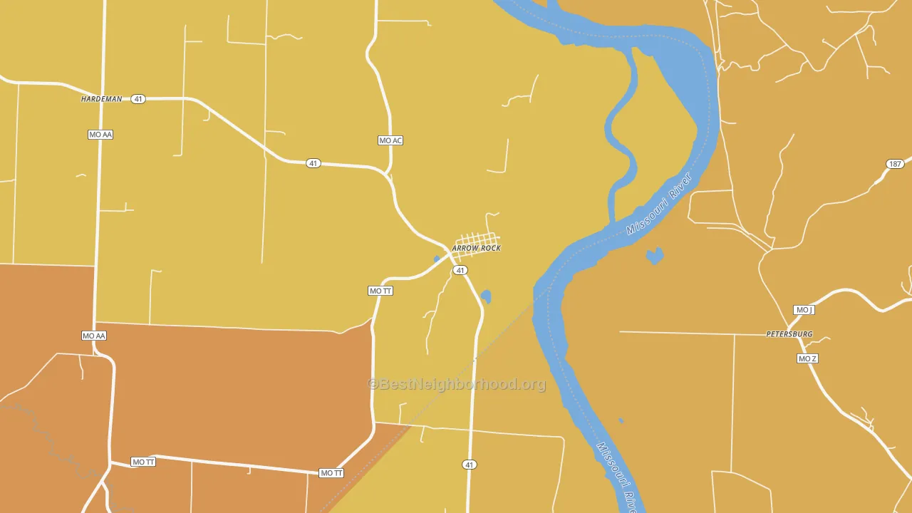 Map of the best neighborhoods in the Arrow Rock area, with better matches in green and worse matches in red
