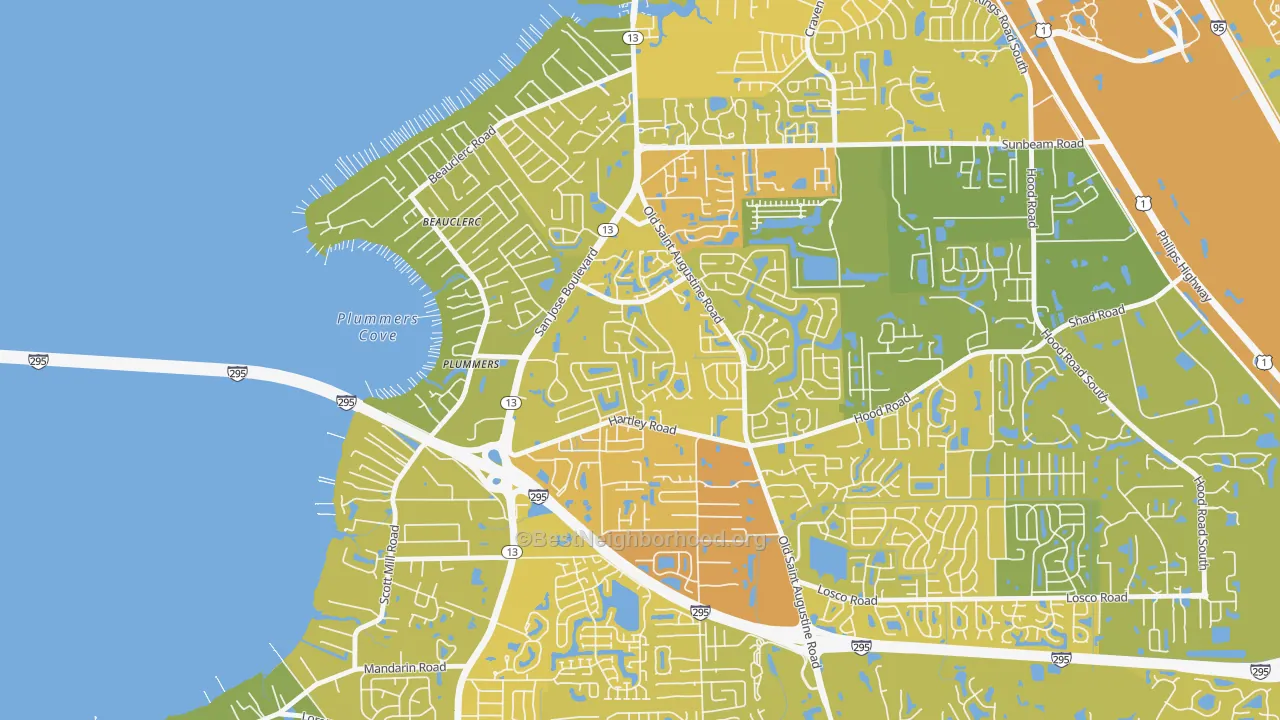 Map of the best neighborhoods in the Arrowhead, Jacksonville area, with better matches in green and worse matches in red