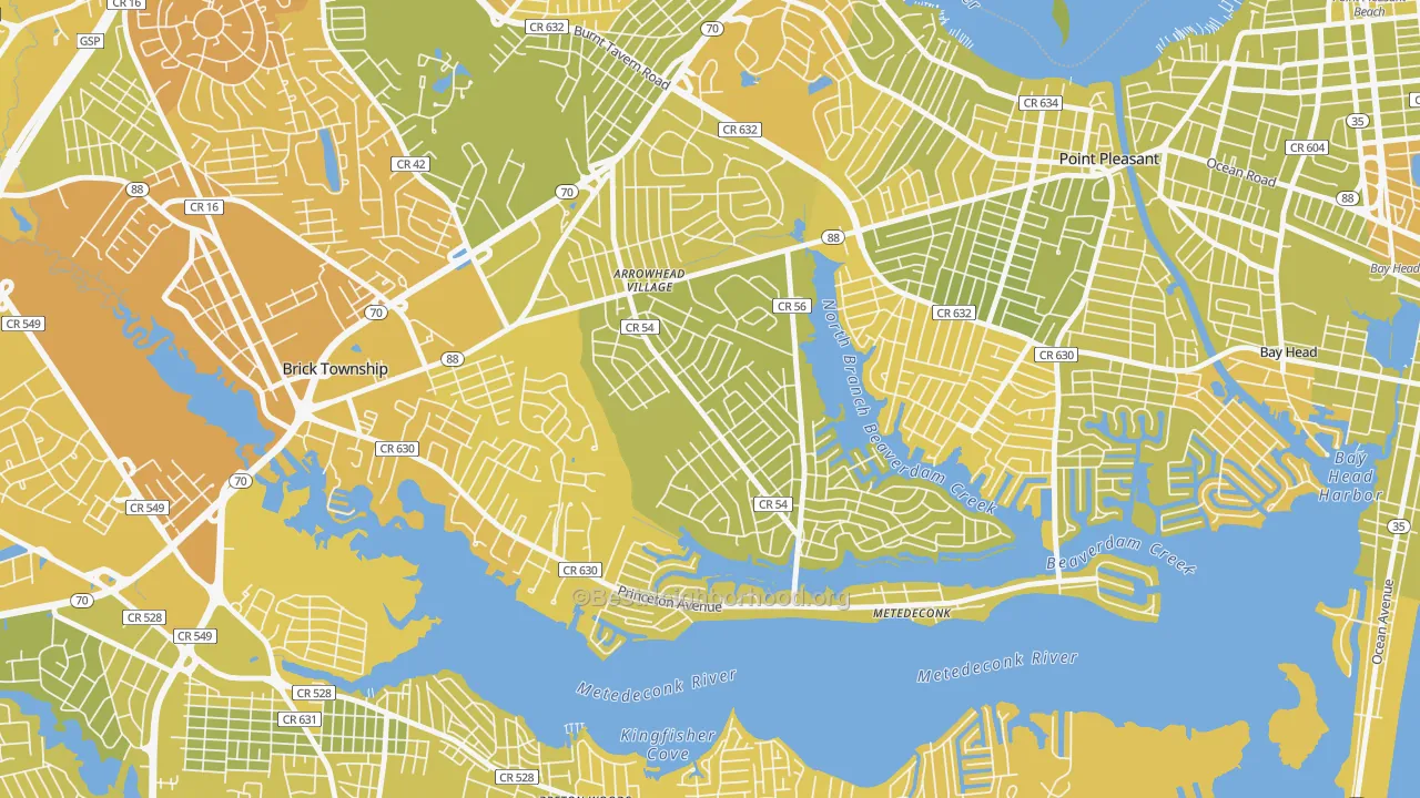 Map of the best neighborhoods in the Arrowhead Park, Brick area, with better matches in green and worse matches in red