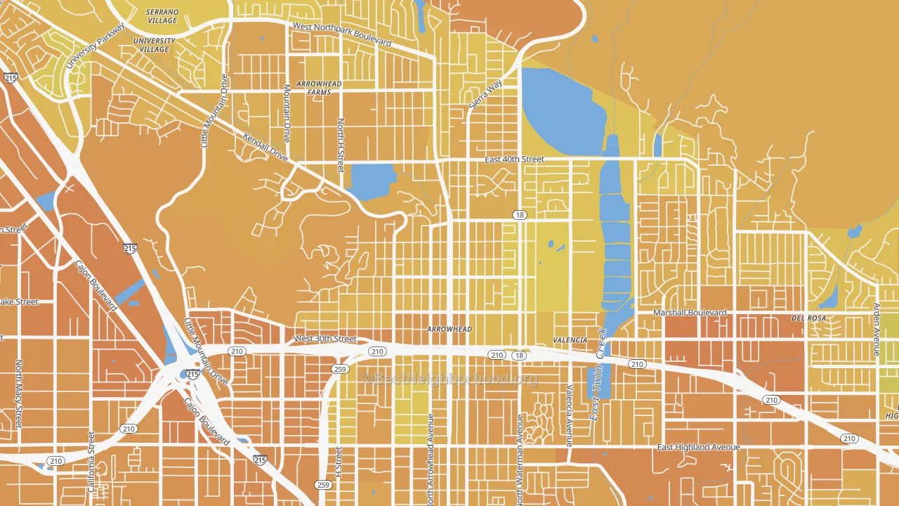 Map of the best neighborhoods in the Arrowhead, San Bernardino area, with better matches in green and worse matches in red