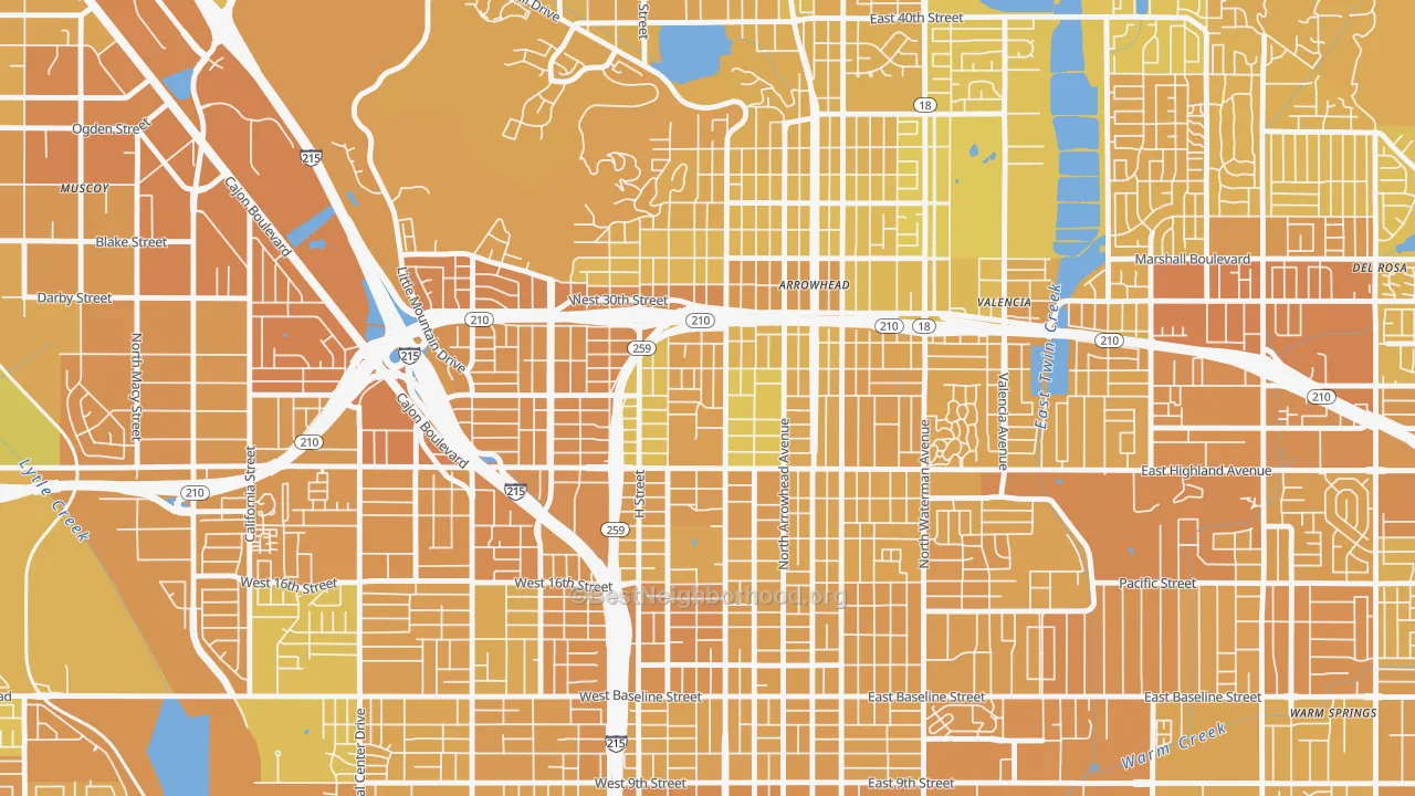 Map of the best neighborhoods in the Arrowview, San Bernardino area, with better matches in green and worse matches in red