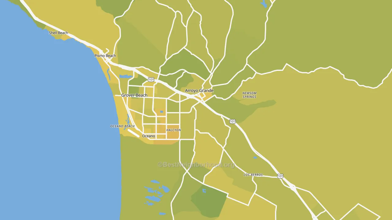 Map of the best neighborhoods in the Arroyo Grande area, with better matches in green and worse matches in red