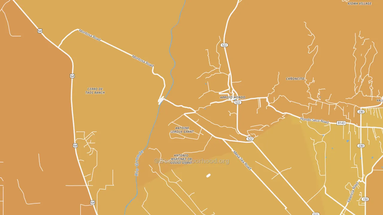 Map of the best neighborhoods in the Arroyo Hondo area, with better matches in green and worse matches in red