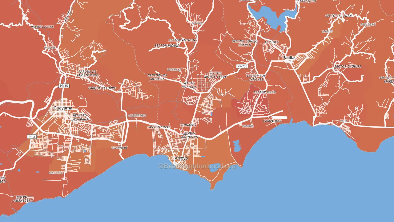 Map of the best neighborhoods in the Arroyo Municipio area, with better matches in green and worse matches in red