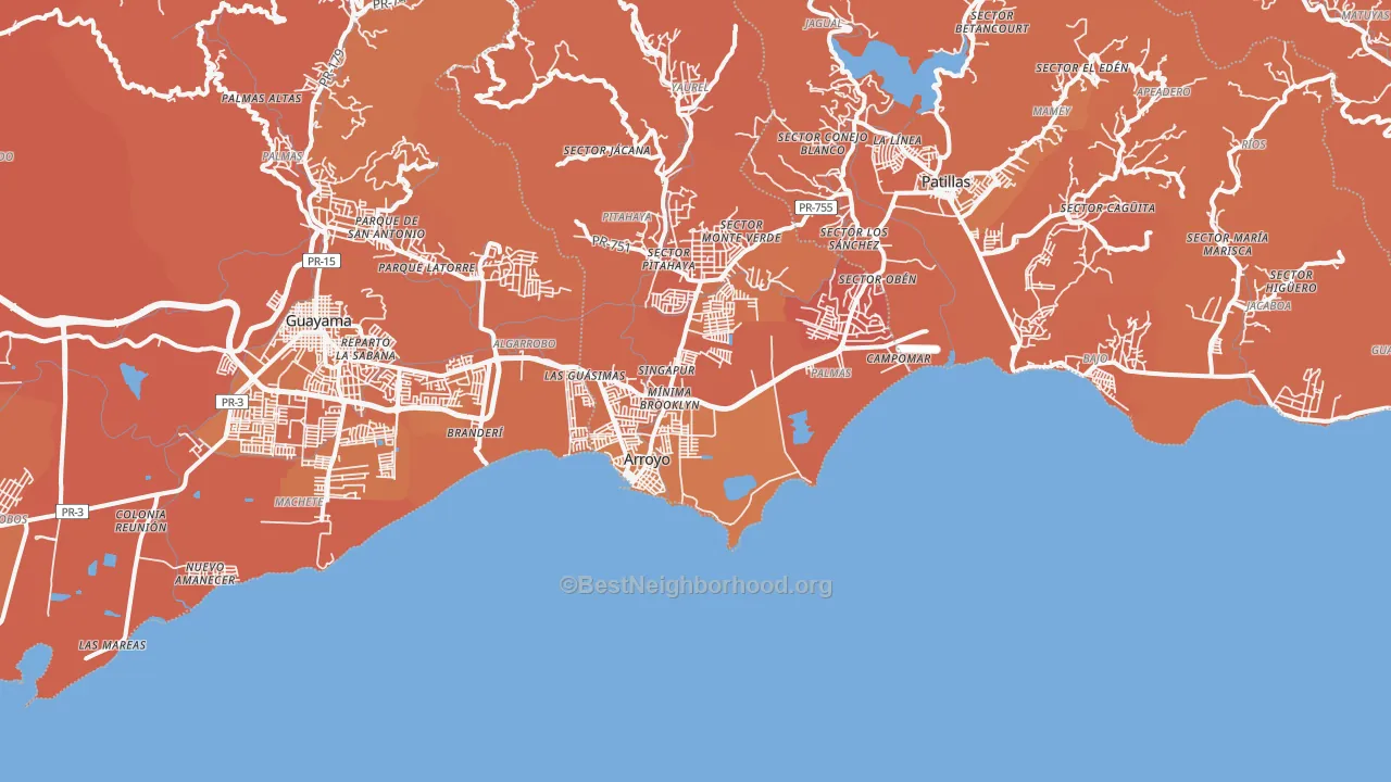 Map of the best neighborhoods in the Arroyo area, with better matches in green and worse matches in red