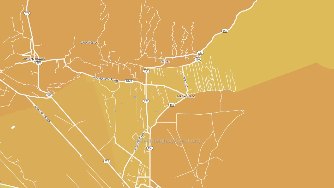 Map of the best neighborhoods in the Arroyo Seco area, with better matches in green and worse matches in red