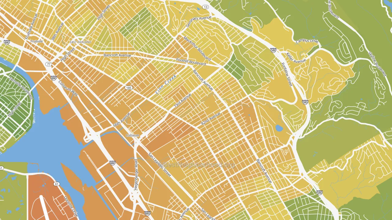 Map of the best neighborhoods in the Arroyo Viejo, Oakland area, with better matches in green and worse matches in red