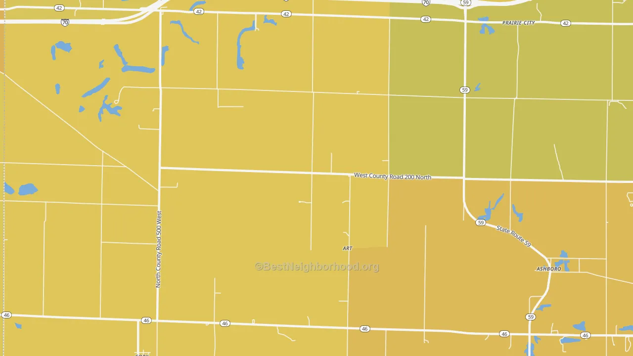 Map of the best neighborhoods in the Art area, with better matches in green and worse matches in red