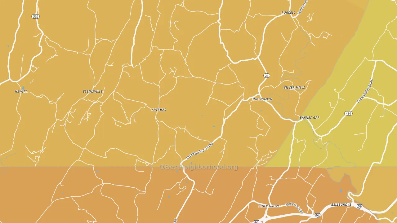 Map of the best neighborhoods in the Artemas area, with better matches in green and worse matches in red
