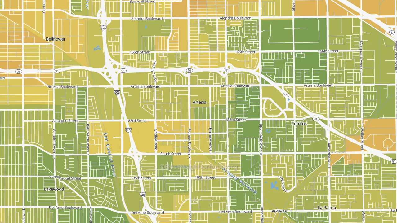 Map of the best neighborhoods in the Artesia area, with better matches in green and worse matches in red
