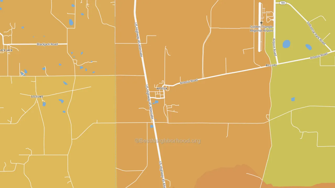Map of the best neighborhoods in the Artesia area, with better matches in green and worse matches in red