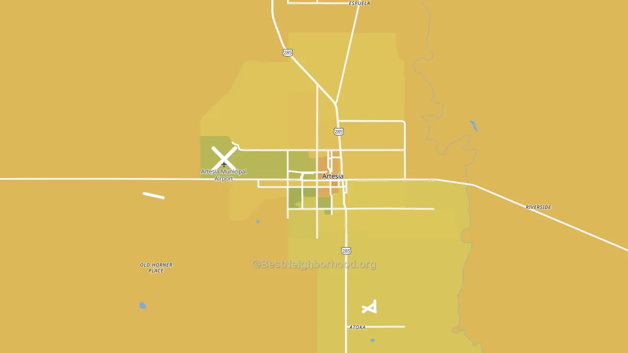 Map of the best neighborhoods in the Artesia area, with better matches in green and worse matches in red