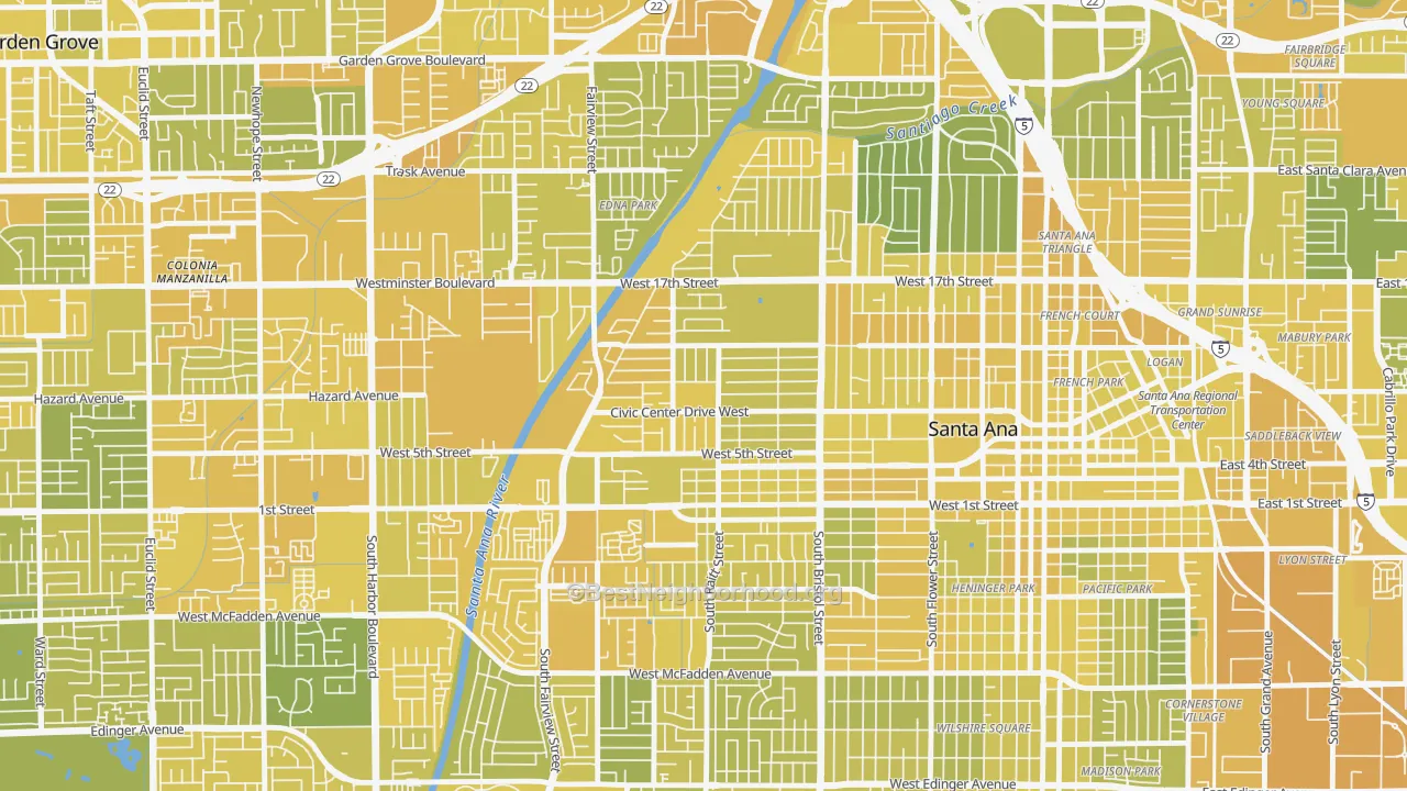 Map of the best neighborhoods in the Artesia Pilar, Santa Ana area, with better matches in green and worse matches in red