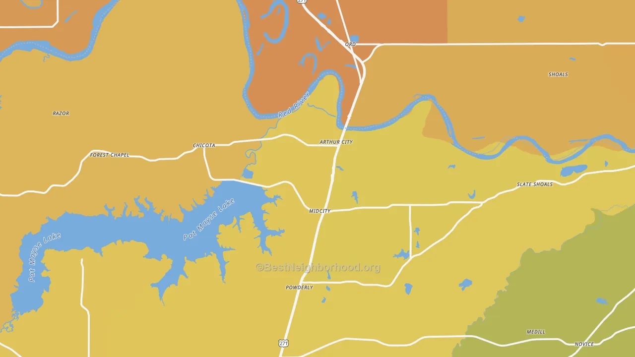 Map of the best neighborhoods in the Arthur City area, with better matches in green and worse matches in red