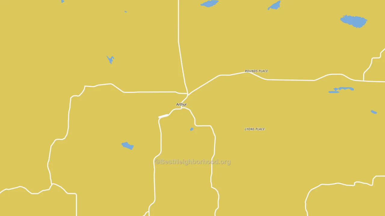 Map of the best neighborhoods in the Arthur County area, with better matches in green and worse matches in red