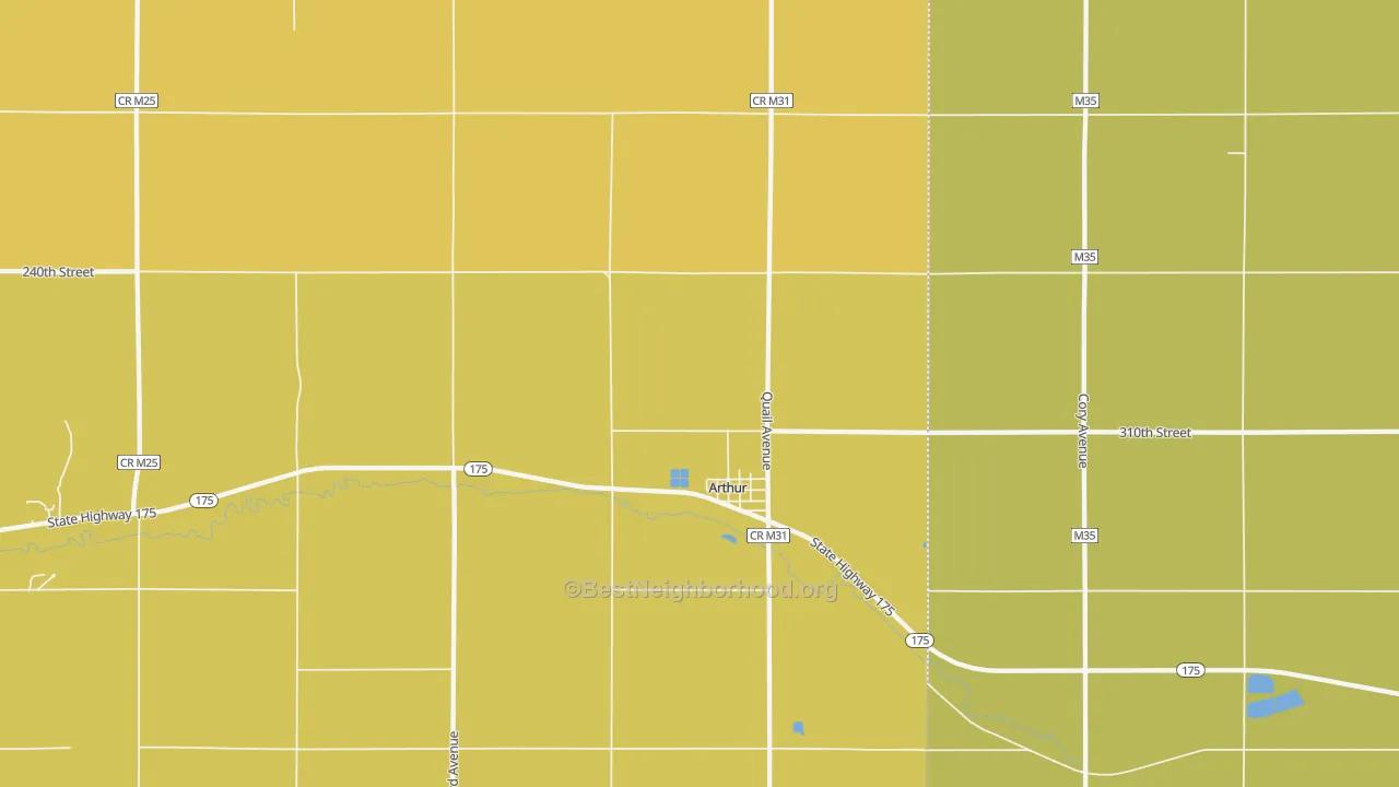 Map of the best neighborhoods in the Arthur area, with better matches in green and worse matches in red