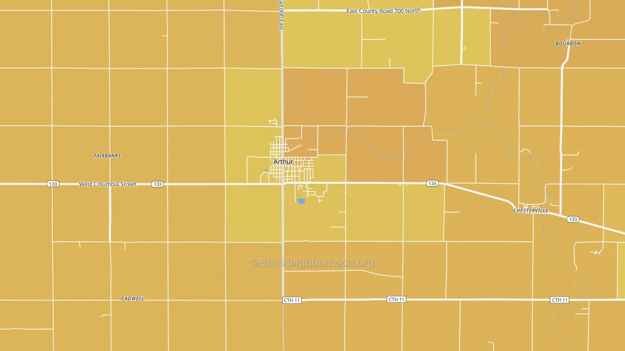Map of the best neighborhoods in the Arthur area, with better matches in green and worse matches in red