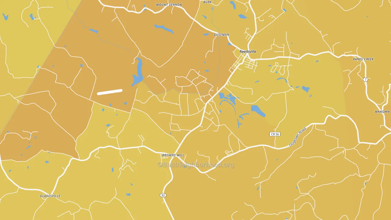 Map of the best neighborhoods in the Arthurdale area, with better matches in green and worse matches in red