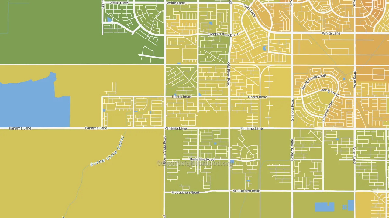 Map of the best neighborhoods in the Artisan, Bakersfield area, with better matches in green and worse matches in red