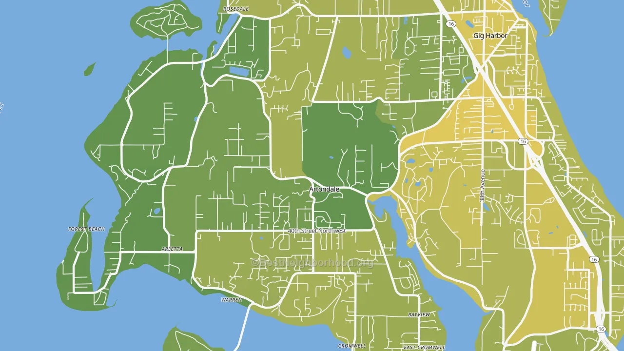 Map of the best neighborhoods in the Artondale area, with better matches in green and worse matches in red