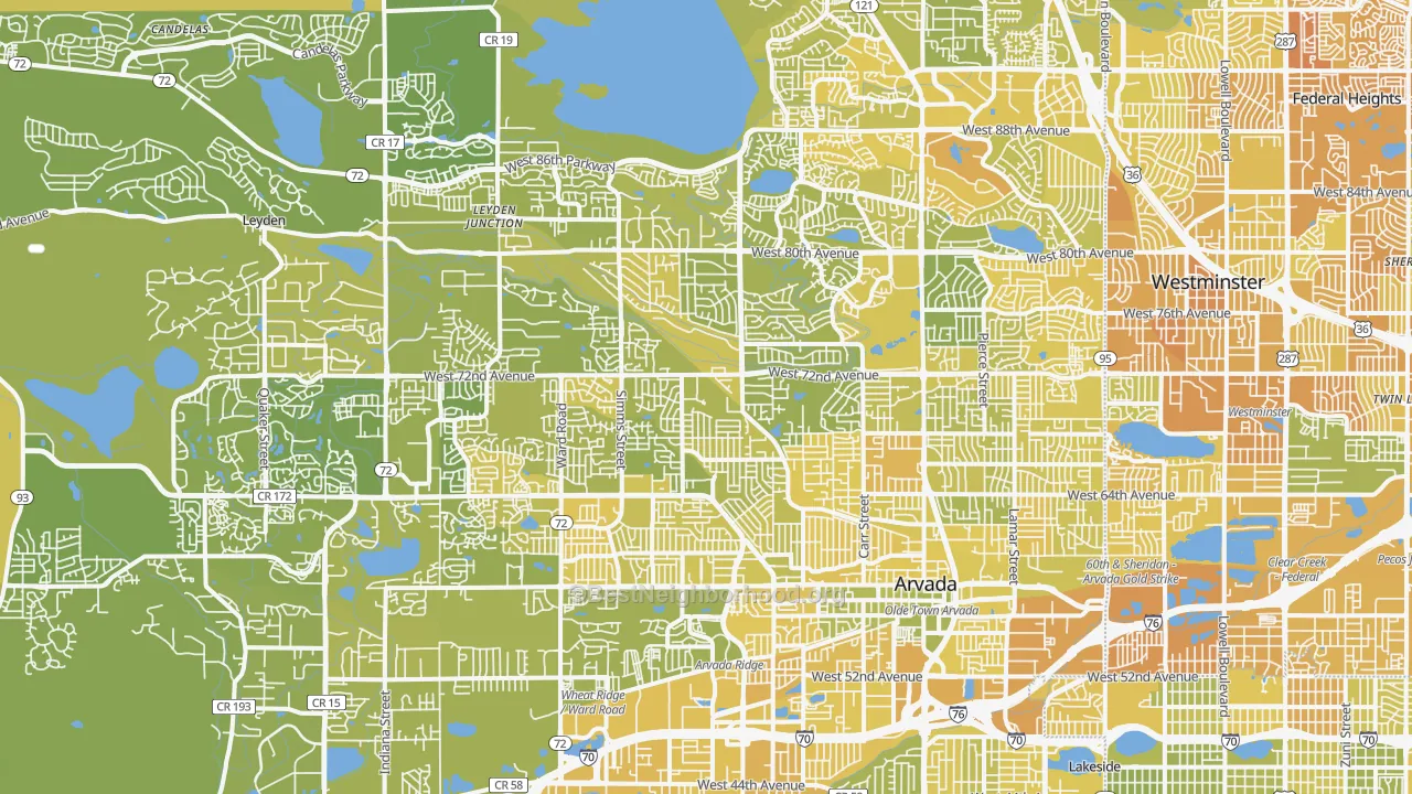 Map of the best neighborhoods in the Arvada area, with better matches in green and worse matches in red