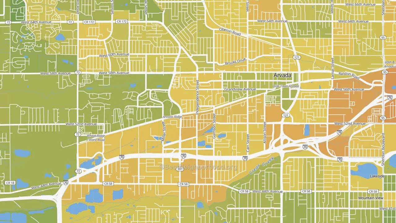 Map of the best neighborhoods in the Arvada Plaza Area, Arvada area, with better matches in green and worse matches in red