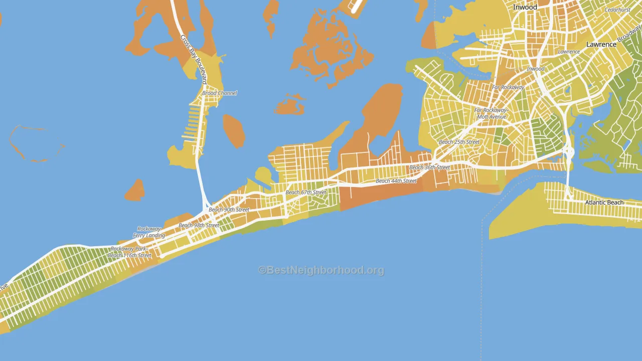 Map of the best neighborhoods in the Arverne, Queens area, with better matches in green and worse matches in red