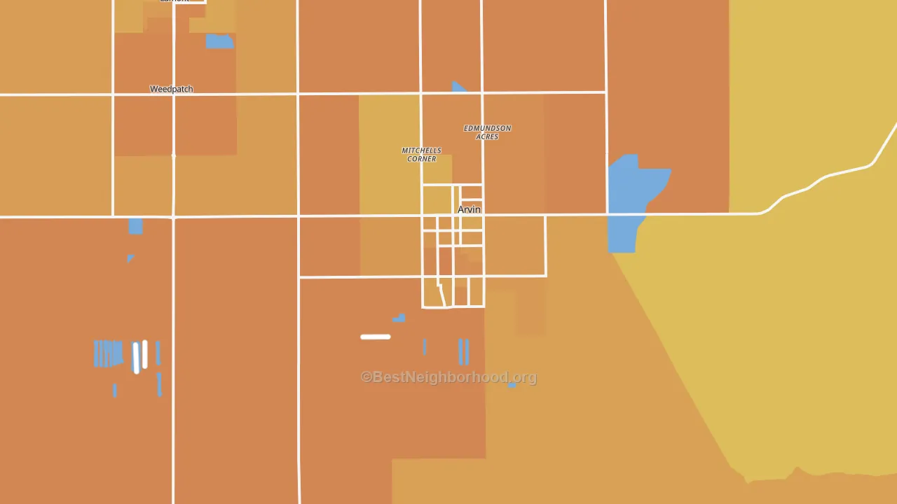 Map of the best neighborhoods in the Arvin area, with better matches in green and worse matches in red