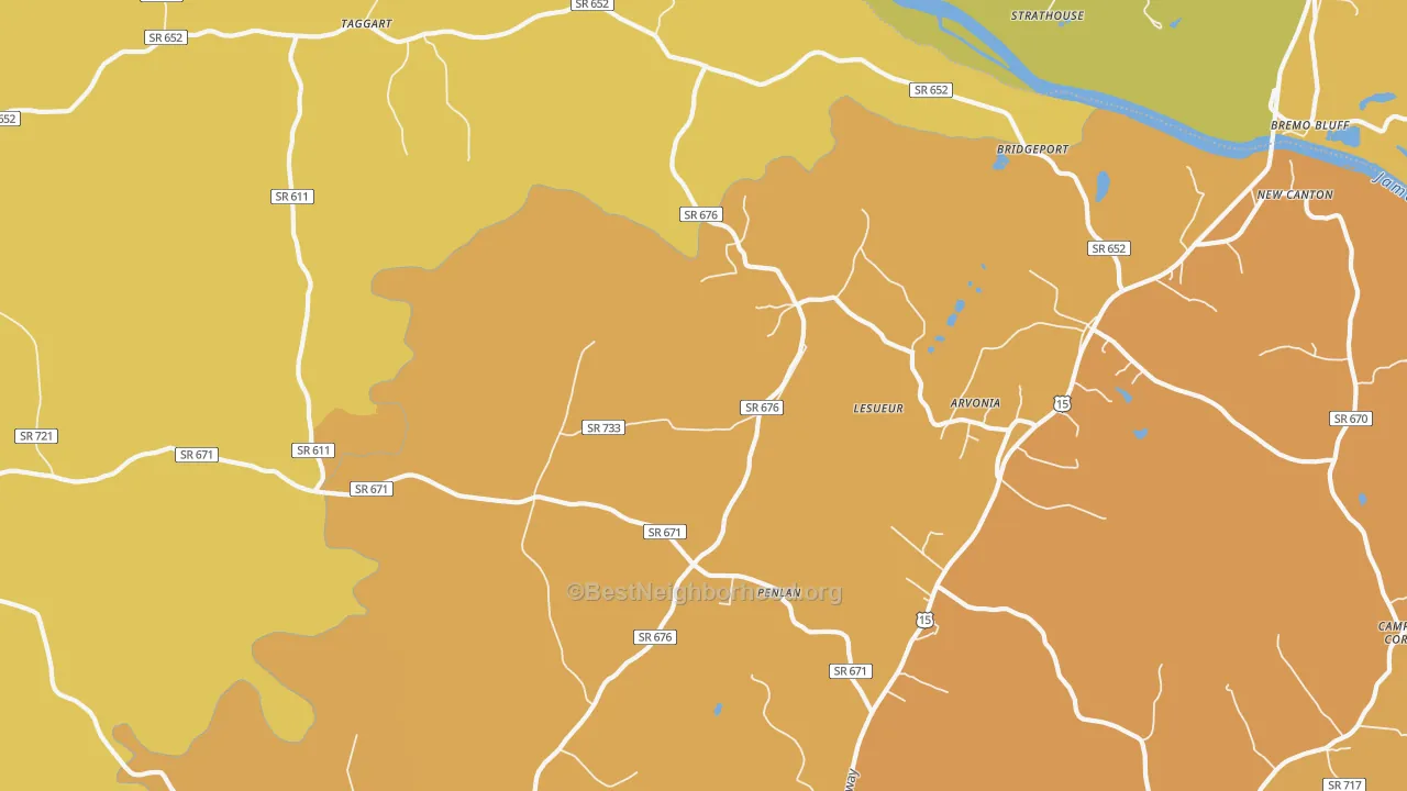 Map of the best neighborhoods in the Arvonia area, with better matches in green and worse matches in red
