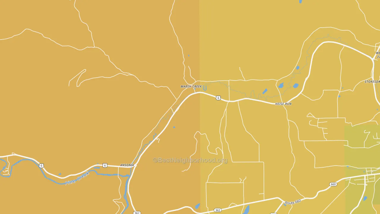 Map of the best neighborhoods in the Asaph area, with better matches in green and worse matches in red