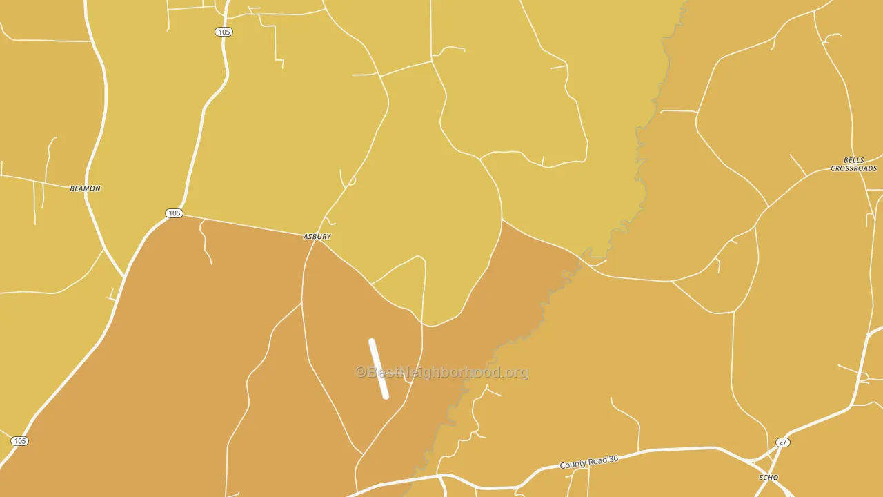 Map of the best neighborhoods in the Asbury area, with better matches in green and worse matches in red