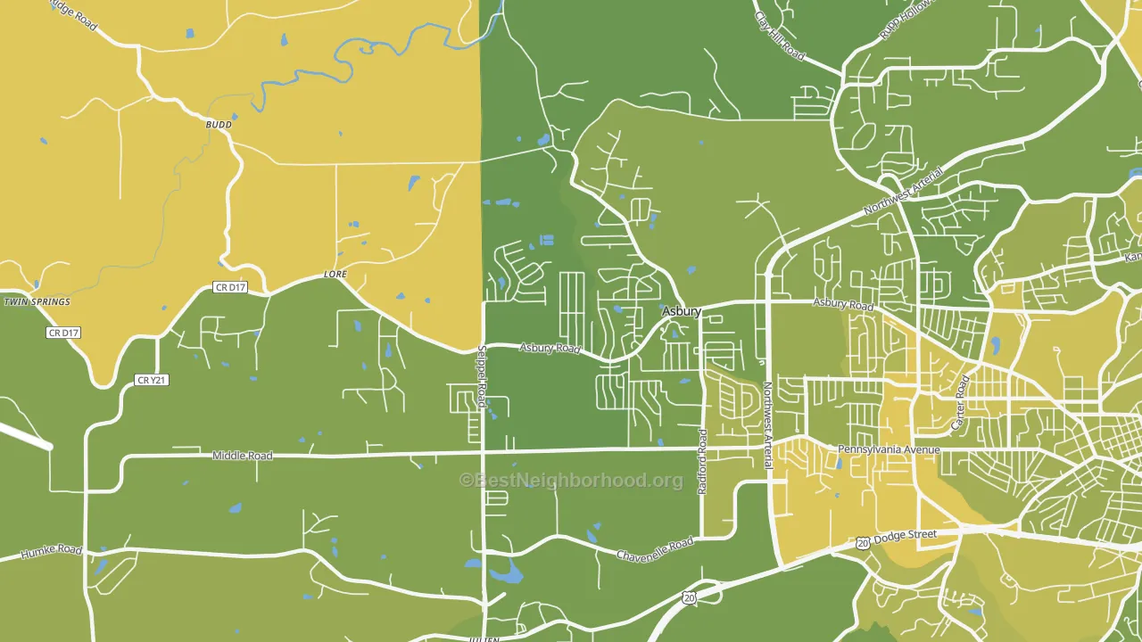 Map of the best neighborhoods in the Asbury area, with better matches in green and worse matches in red
