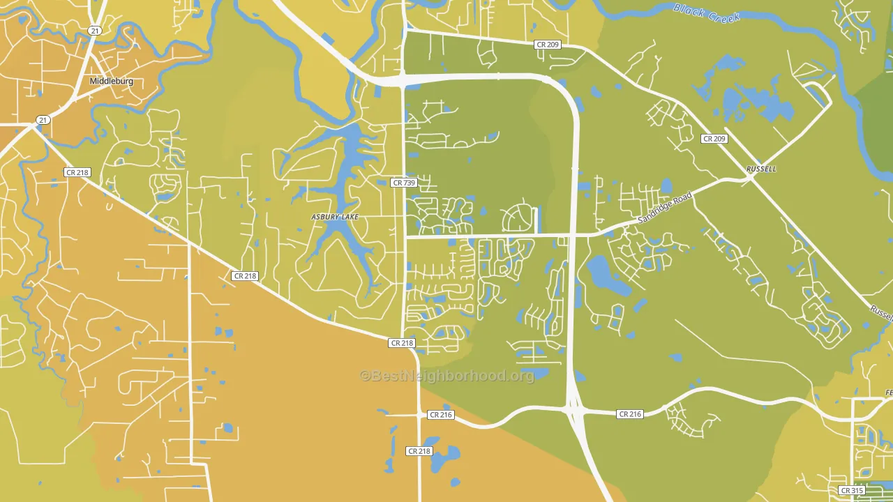Map of the best neighborhoods in the Asbury Lake area, with better matches in green and worse matches in red