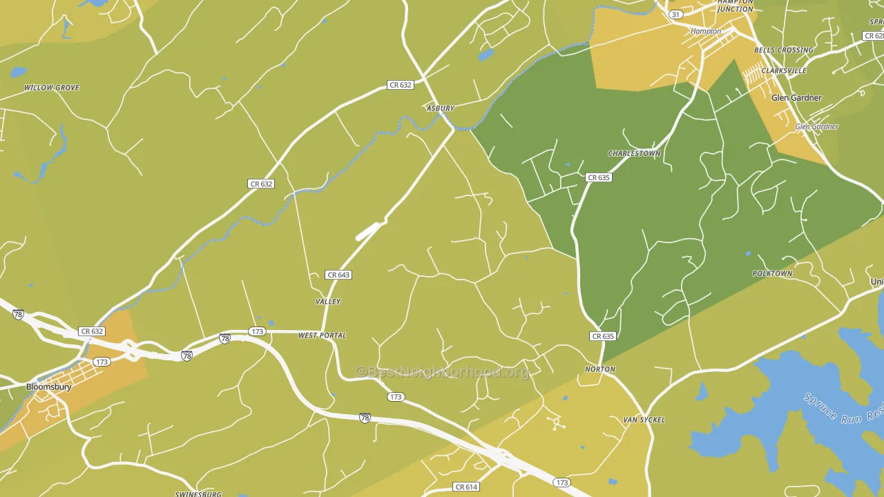 Map of the best neighborhoods in the Asbury area, with better matches in green and worse matches in red