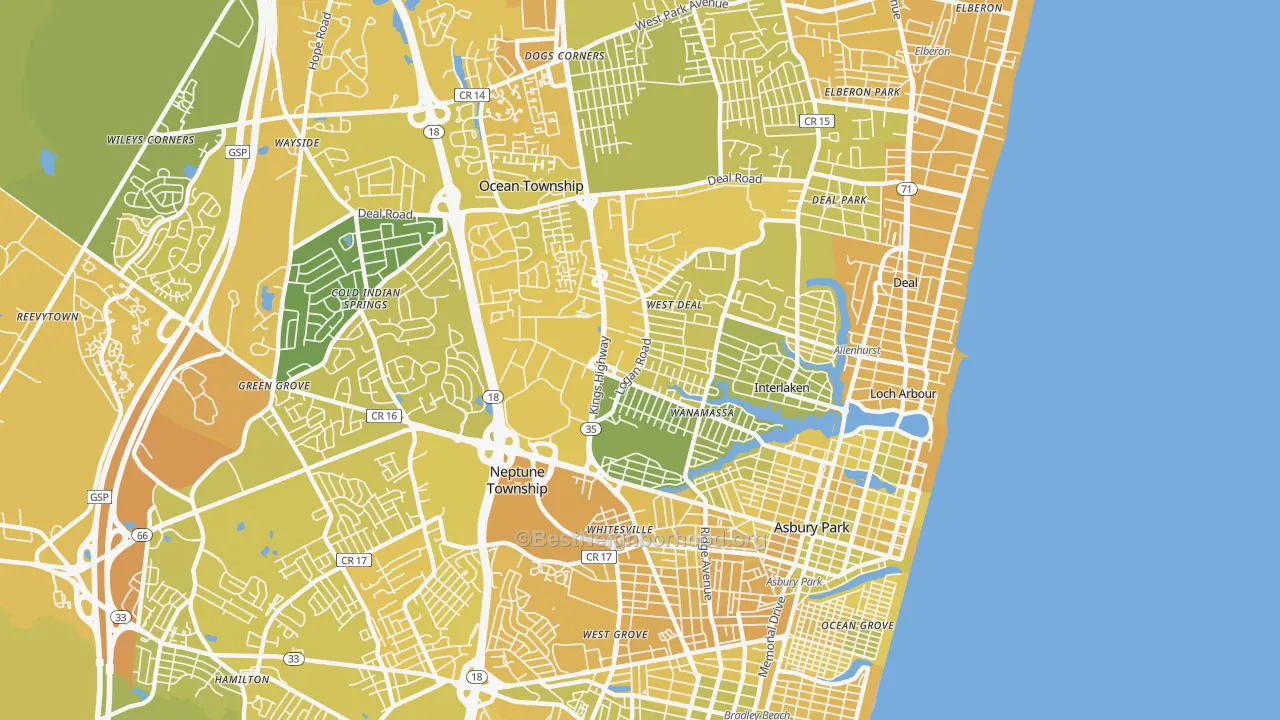 Map of the best neighborhoods in the Asbury Park area, with better matches in green and worse matches in red