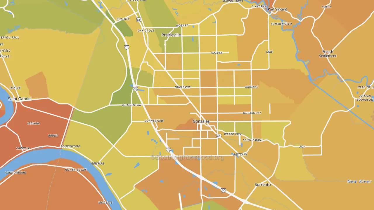 Map of the best neighborhoods in the Ascension Parish area, with better matches in green and worse matches in red