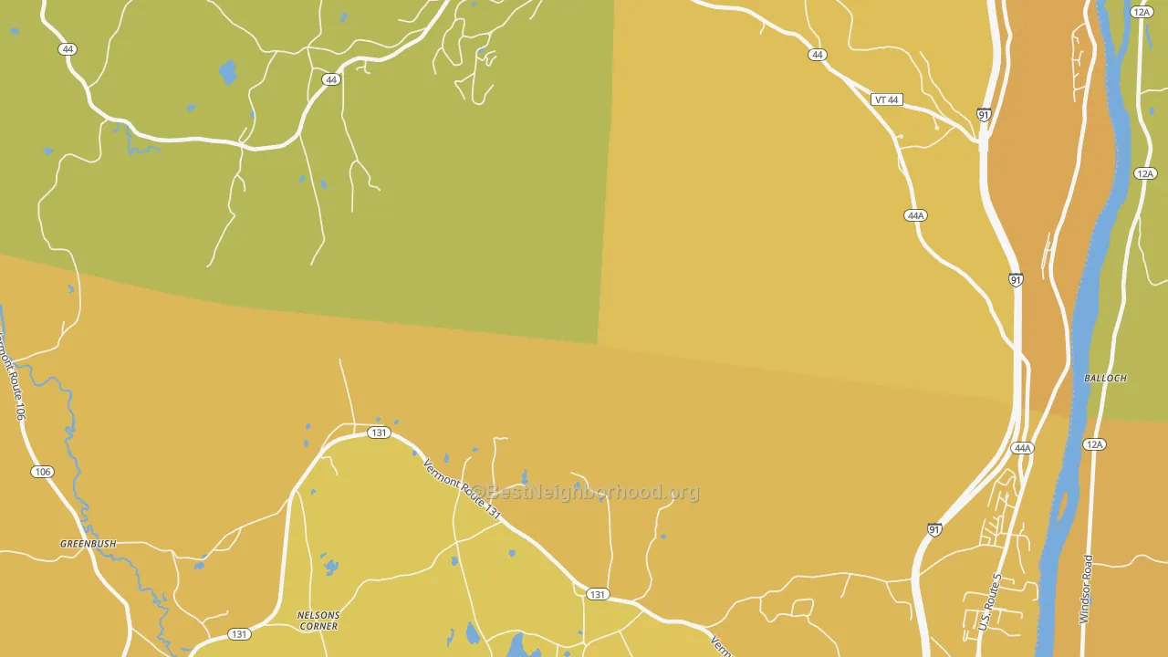 Map of the best neighborhoods in the Ascutney area, with better matches in green and worse matches in red