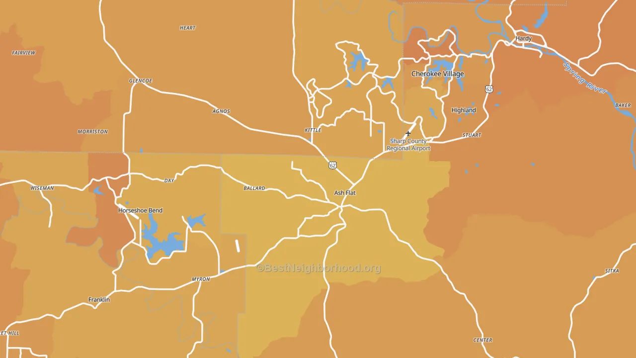 Map of the best neighborhoods in the Ash Flat area, with better matches in green and worse matches in red