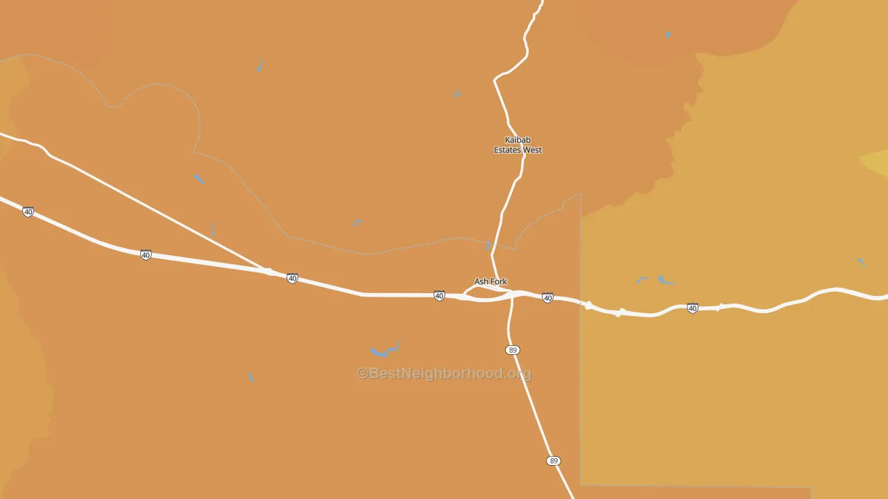 Map of the best neighborhoods in the Ash Fork area, with better matches in green and worse matches in red