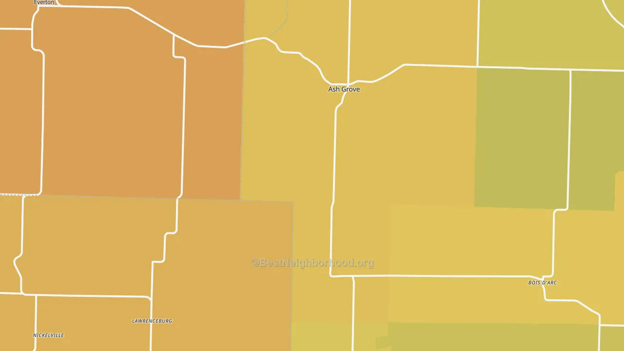 Map of the best neighborhoods in the Ash Grove area, with better matches in green and worse matches in red