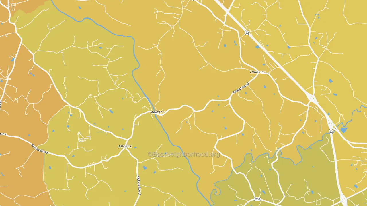 Map of the best neighborhoods in the Ash Hill area, with better matches in green and worse matches in red