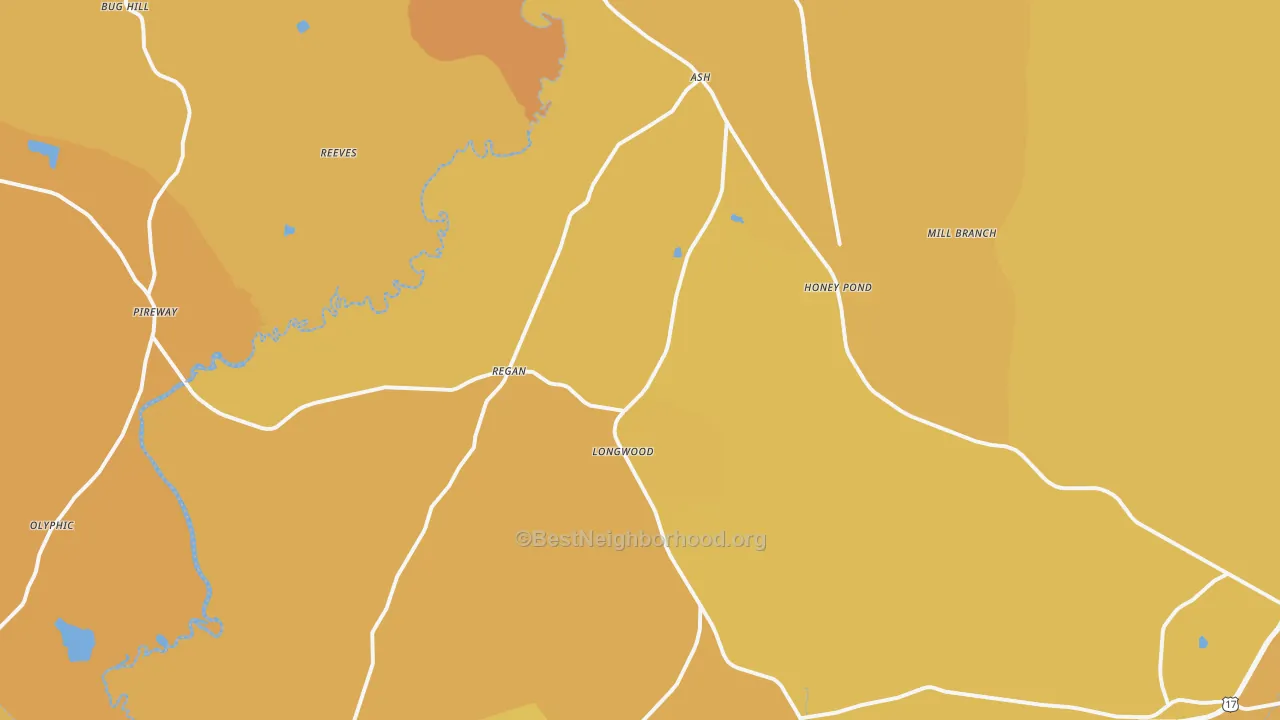 Map of the best neighborhoods in the Ash area, with better matches in green and worse matches in red