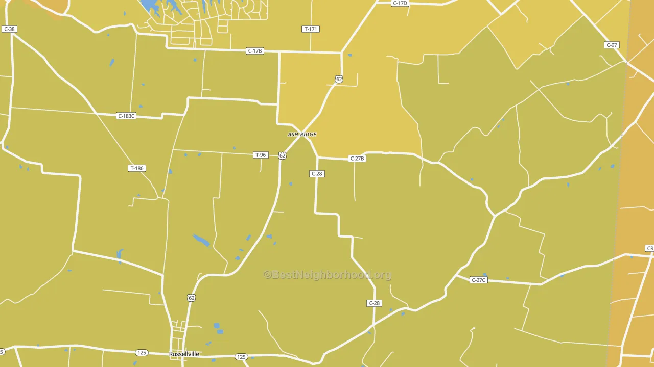 Map of the best neighborhoods in the Ash Ridge area, with better matches in green and worse matches in red