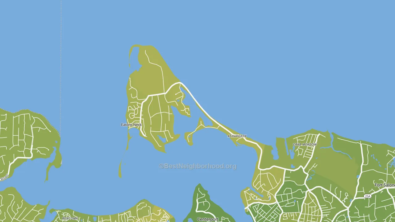 Map of the best neighborhoods in the Asharoken area, with better matches in green and worse matches in red
